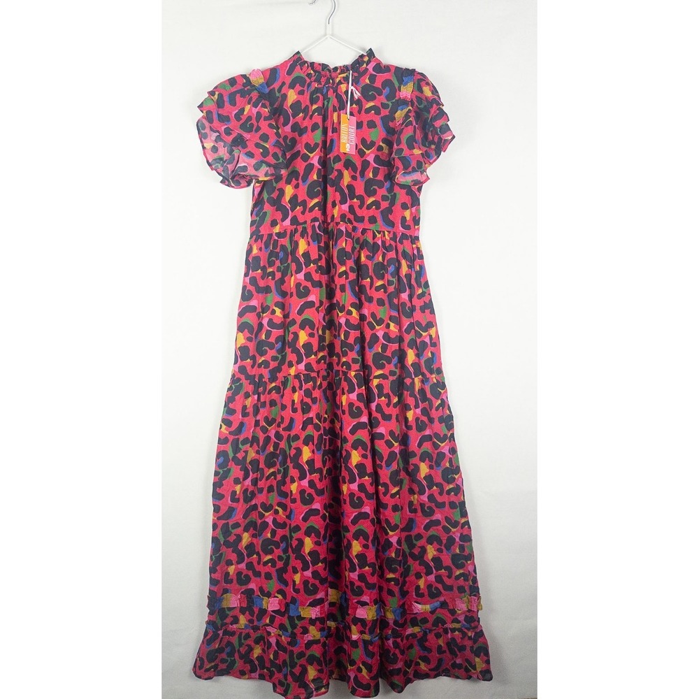 Briton Court Aubrey Maxi Dress Candy Pink Rainbow Leopard Ruffle NWT Womens XS
